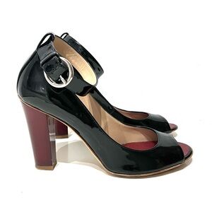 Giuseppe Zanotti Black Burgundy Patent Leather Peep Toe Ankle Strap Heels 37